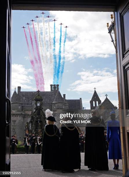 Britain's Queen Camilla, Britain's King Charles III, Britain's Prince William, Prince of Wales and Britain's Catherine, Princess of Wales watch a...