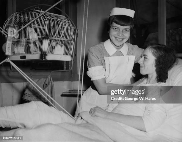 Dutch-Indonesian nurse Kitty Leontina Maria Pennock, a staff nurse, tends to patient Emily Thompson, with Joey the budgerigar in a cage above the...