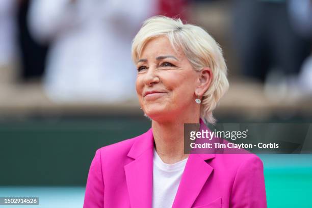 Chris Evert prepares to present the trophies at the trophy presentation ceremony after the Women's Singles Final on Court Philippe Chatrier during...