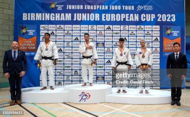 Under 66kg medallists L-R: Silver; Nanco Krijthe , Gold; Eran Fiks , Bronzes; Alexis Renard and Dayyan Boulemtafes during the 2023 Birmingham Junior...