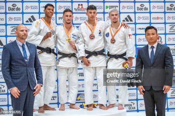 Under 66kg medallists L-R: Silver; Nanco Krijthe , Gold; Eran Fiks , Bronzes; Alexis Renard and Dayyan Boulemtafes during the 2023 Birmingham Junior...