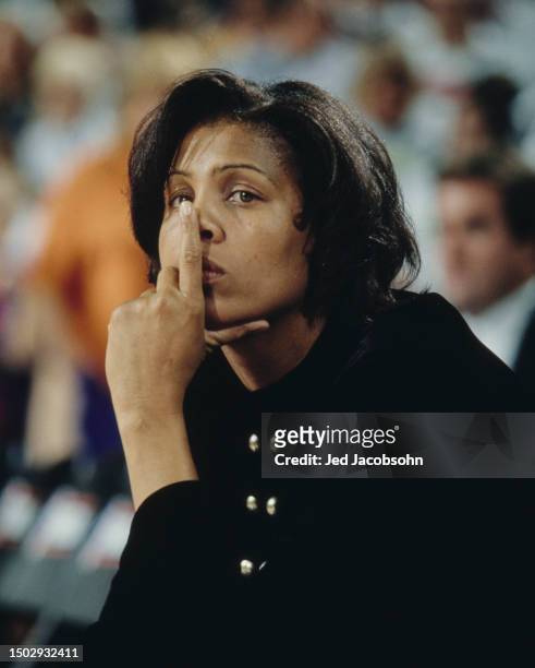Cheryl Miller, Head Coach for the Phoenix Mercury looks on from the sideline during the WNBA Western Conference basketball game against the New York...