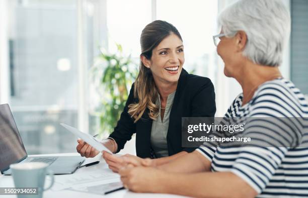financial advisor, senior woman and document for insurance, savings or retirement plan. happy elderly person and a banker, broker or consultant with paperwork for finance and legal discussion - vrouwelijke gestalte stockfoto's en -beelden