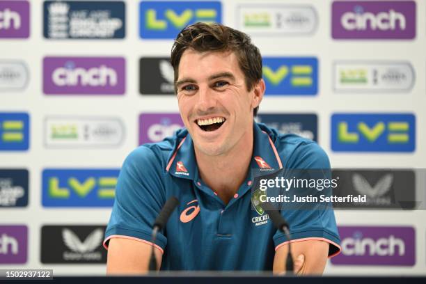 Pat Cummins of Australia speaks during a press conference during an Australia nets session at Lord's Cricket Ground on June 27, 2023 in London,...