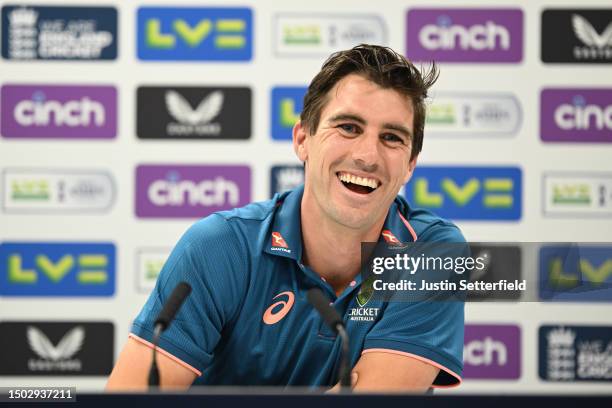 Pat Cummins of Australia speaks during a press conference during an Australia nets session at Lord's Cricket Ground on June 27, 2023 in London,...