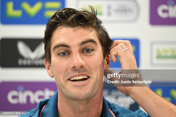 Pat Cummins of Australia speaks during a press conference during an Australia nets session at Lord's Cricket Ground on June 27, 2023 in London,...