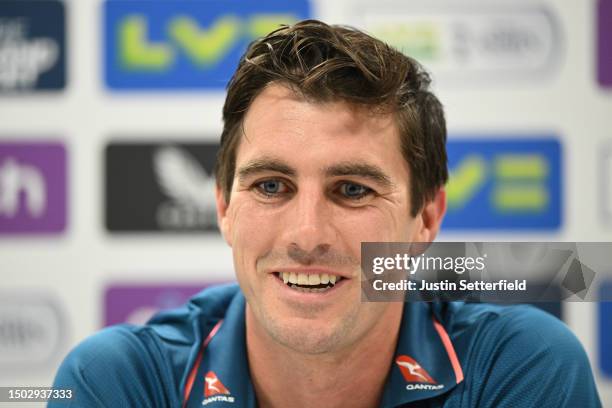 Pat Cummins of Australia speaks during a press conference during an Australia nets session at Lord's Cricket Ground on June 27, 2023 in London,...