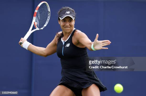 Heather Watson of Great Britain plays a forehand against Camila Giorgi of Italy in the Women's Singles First Round match during Day Four of the...