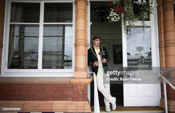 Australian Captain Pat Cummins poses in the MCC Members Pavilion during a Portrait Session at Lord's Cricket Ground on June 27, 2023 in London,...