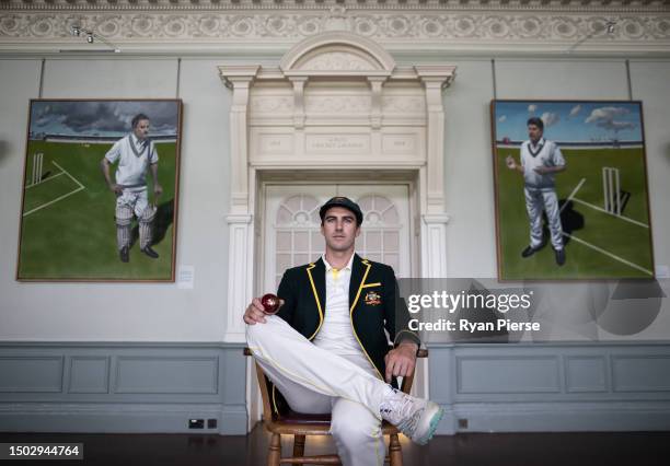 Australian Captain Pat Cummins poses in The Long Room during a Portrait Session at Lord's Cricket Ground on June 27, 2023 in London, England.