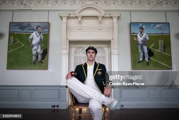 Australian Captain Pat Cummins poses in The Long Room during a Portrait Session at Lord's Cricket Ground on June 27, 2023 in London, England.