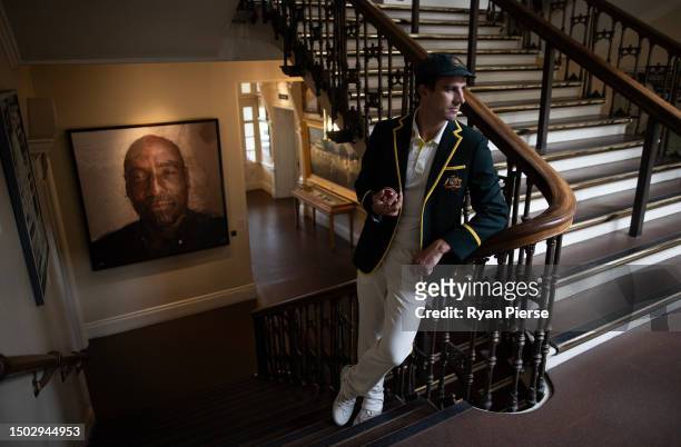 Australian Captain Pat Cummins poses in the MCC Members Pavilion during a Portrait Session at Lord's Cricket Ground on June 27, 2023 in London,...