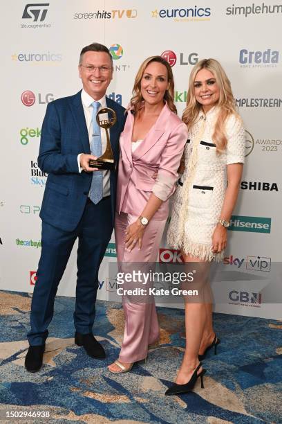 Stephen Dixon, Isabel Webster and Ellie Costello with the Multichannel News Programme award for GB News Breakfast during The TRIC Awards 2023 at...