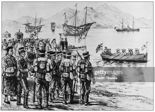 antique image from british magazine: japanese troops leaving british weihaiwei or wei-hai-wei - only japanese stock illustrations