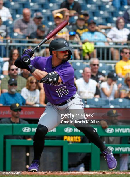 Randal Grichuk of the Colorado Rockies in a action against the Pittsburgh Pirates at PNC Park on May 10, 2023 in Pittsburgh, Pennsylvania.