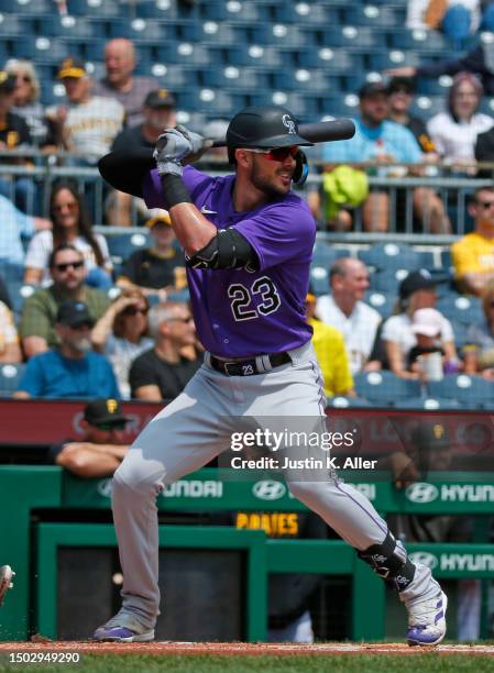 Kris Bryant of the Colorado Rockies in a action against the Pittsburgh Pirates at PNC Park on May 10, 2023 in Pittsburgh, Pennsylvania.