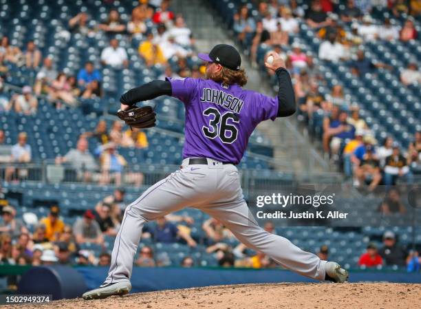 Pierce Johnson of the Colorado Rockies in a action against the Pittsburgh Pirates at PNC Park on May 10, 2023 in Pittsburgh, Pennsylvania.