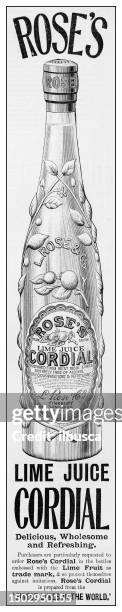 antique advertisement from british magazine: rose's lime juice cordial - lime juice stock illustrations