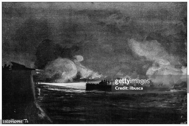 stockillustraties, clipart, cartoons en iconen met antique image from british magazine: night attack, portsmouth, torpedo boats - portsmouth england