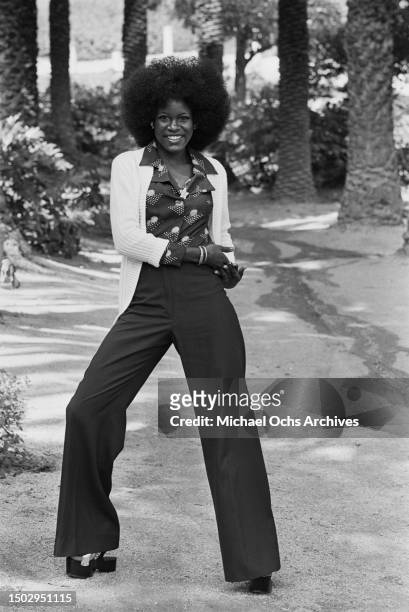 Soul Train dancer at Wattles Park for a 'Right On!' magazine photo shoot, Los Angeles, California, United States, 2nd August 1974.