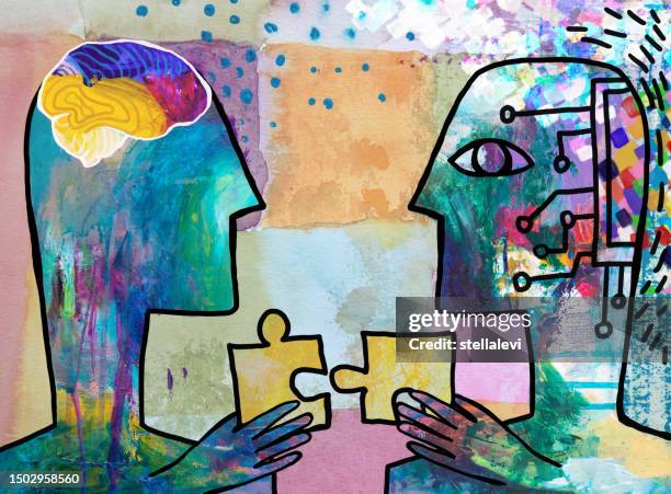 ilustraciones, imágenes clip art, dibujos animados e iconos de stock de ai robot y cooperación humana conectando piezas de rompecabezas juntas. - pintura-producto-artístico