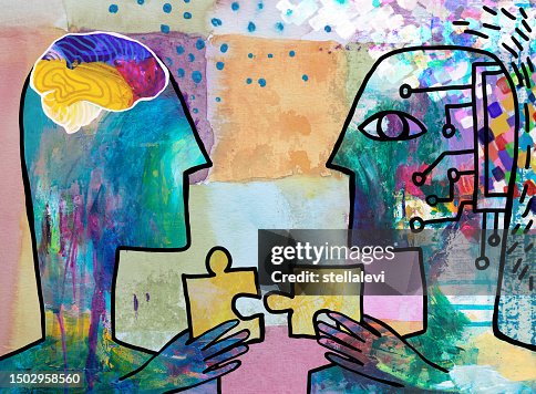 AI Robot and human cooperation connecting puzzle pieces together. AI Robot and human cooperation connecting puzzle pieces together.