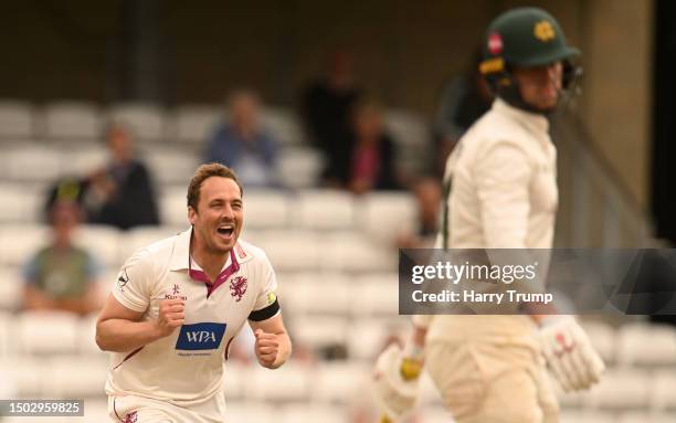 Josh Davey of Somerset celebrates the wicket of Lyndon James of Nottinghamshire during Day Three of the LV= Insurance County Championship Division 1...