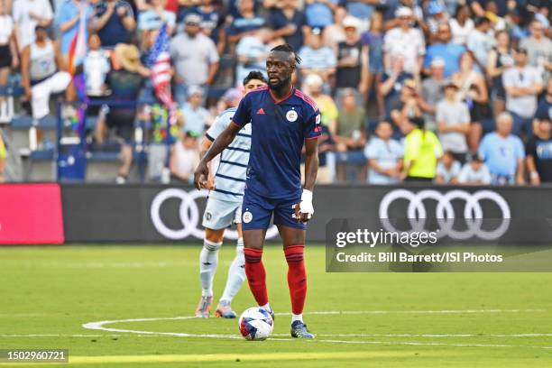 Kei Kamara of Chicago Fire with the ball during a game between Chicago Fire FC and Sporting Kansas City at Children's Mercy Park on June 24, 2023 in...