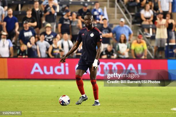 Kei Kamara of Chicago Fire with the ball during a game between Chicago Fire FC and Sporting Kansas City at Children's Mercy Park on June 24, 2023 in...