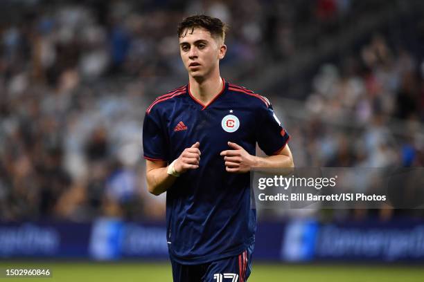 Brian Gutierrez of Chicago Fire during a game between Chicago Fire FC and Sporting Kansas City at Children's Mercy Park on June 24, 2023 in Kansas...