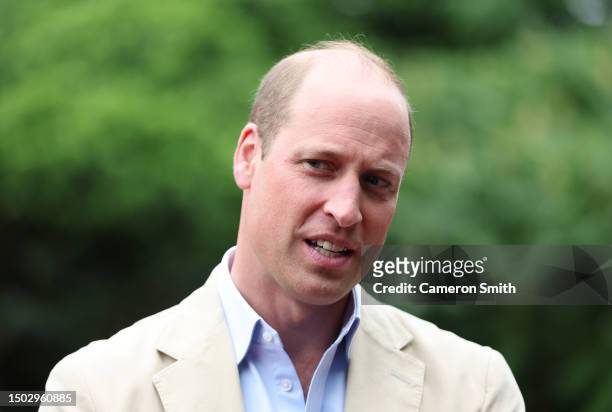 Prince William, Prince of Wales reacts as he visits Reach Up Youth at the Verdon Recreation Centre on June 27, 2023 in Sheffield, England. The Prince...