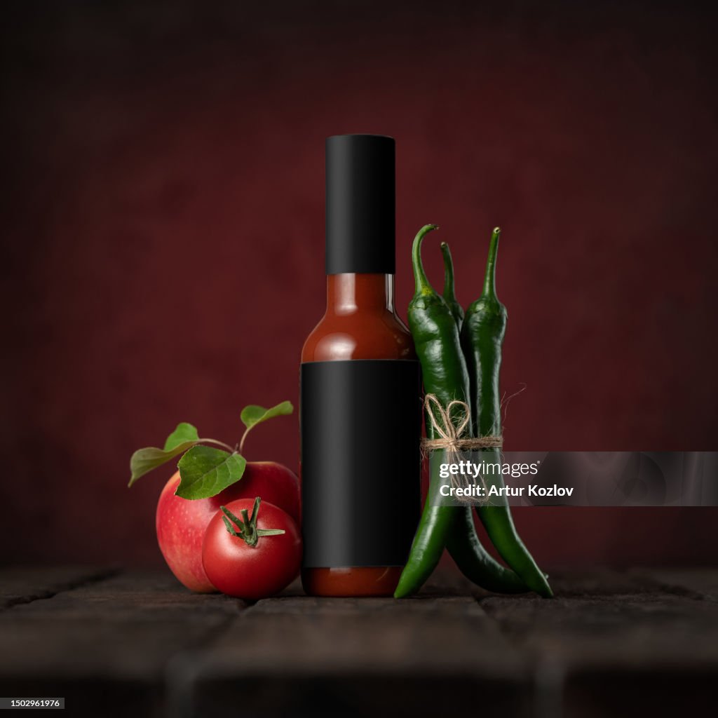Bottle of chili ketchup with peppers, tomato and apple on table. Spicy ketchup in glass jar. Green chili pods. Spicy food. Wooden table. Burgundy background. Front view. Copy space