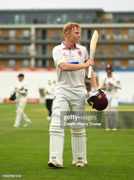 James Rew of Somerset leads their side off following a declaration after scoring an unbeaten century during Day Three of the LV= Insurance County...