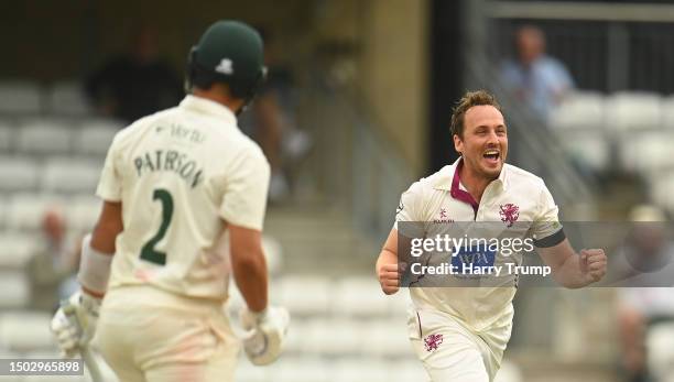 Josh Davey of Somerset celebrates the wicket of Dane Paterson of Nottinghamshire to finish the match for Somerset to win by 399 runs during Day Three...
