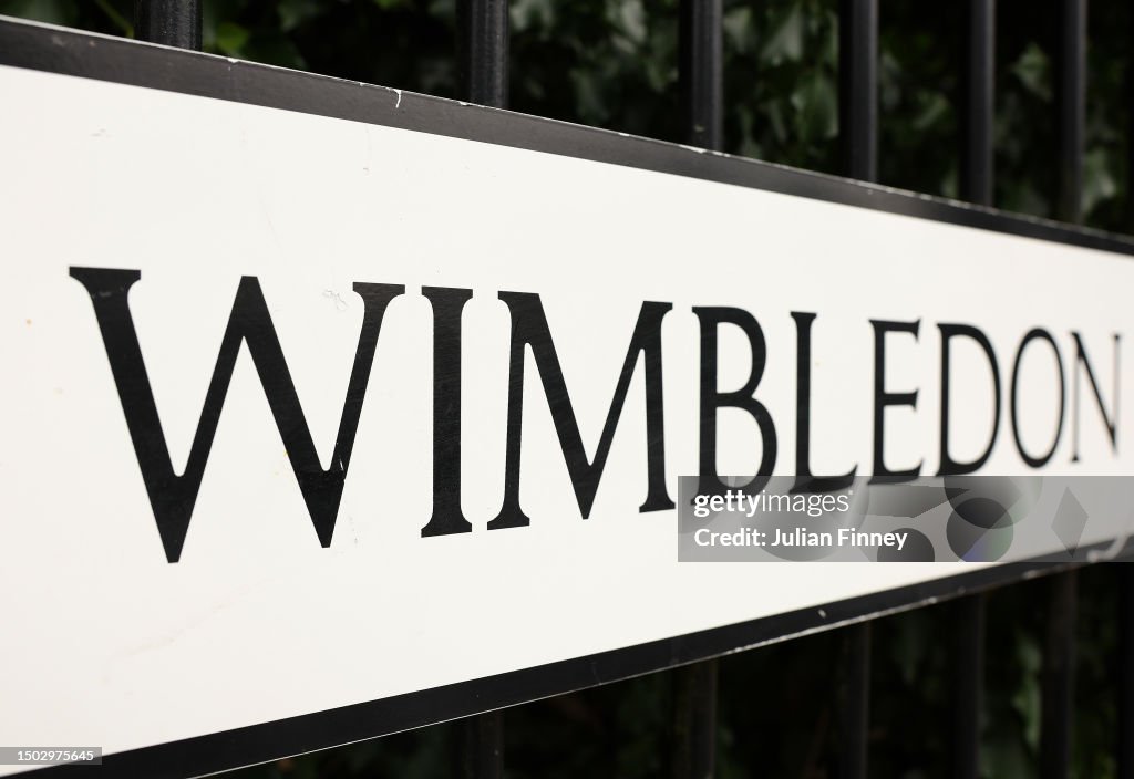 Wimbledon Postcode. Sign A view of a sign outside The Championships Wimbledon 2023 at All ...
