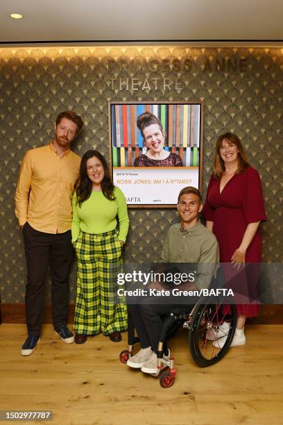 Tom Levinge, Rosie Jones, Steve Brown and Ally Castle attend the BAFTA TV Preview: "Am I a Retard?" at BAFTA on June 27, 2023 in London, England.