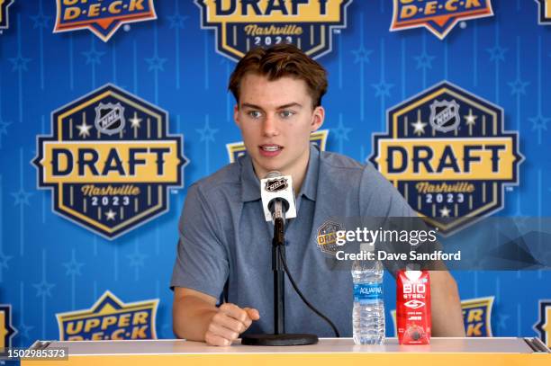 Draft prospect Connor Bedard attends the Top Prospects Media Availability at AllianceBernstein Tower on June 27, 2023 in Nashville, Tennessee.