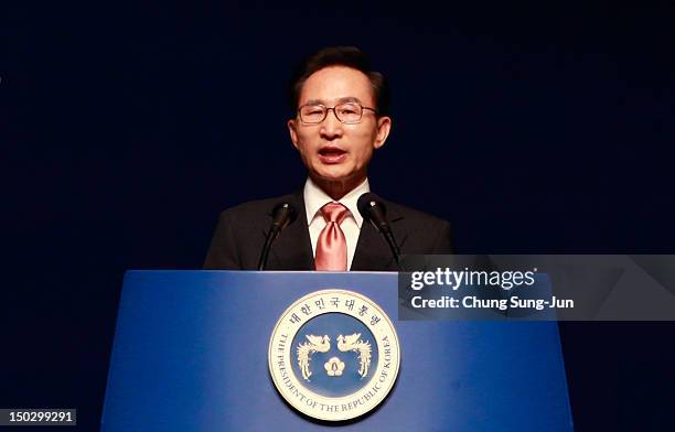 South Korean President Lee Myung-Bak speaks during the 67th Independence Day ceremony at Sejong Art Center on August 15, 2012 in Seoul, South Korea....