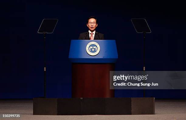 South Korean President Lee Myung-Bak speaks during the 67th Independence Day ceremony at Sejong Art Center on August 15, 2012 in Seoul, South Korea....
