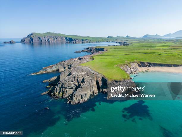 rocky irish coastline and beach - drone photo - irish stock pictures, royalty-free photos & images