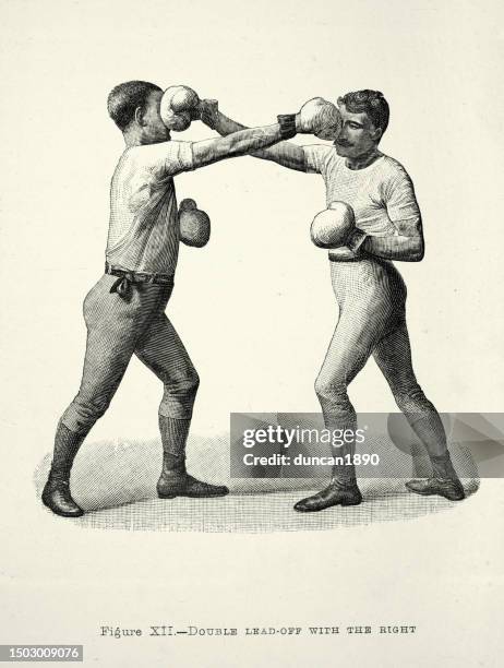 stockillustraties, clipart, cartoons en iconen met history of boxing, two boxers, boxing positions, double lead off with the right, punch, victorian combat sports, 19th century - boxing sport