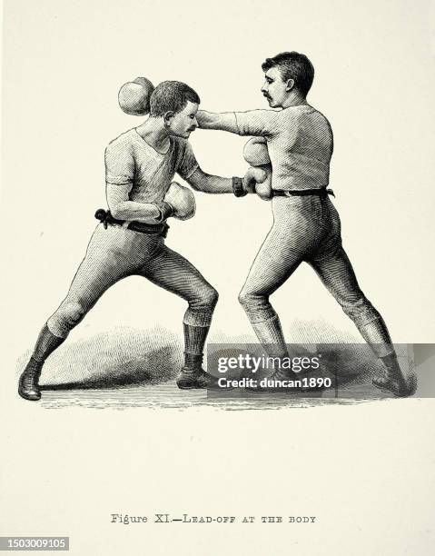 history of boxing, two boxers, positions, lead off at the body punch, victorian combat sports, 19th century - fighting stance stock illustrations
