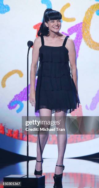 Pauley Perrette speaks onstage at the "Teachers Rock" benefit event held at Nokia Theatre L.A. Live on August 14, 2012 in Los Angeles, California.