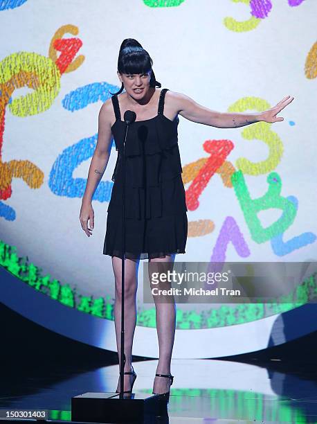 Pauley Perrette speaks onstage at the "Teachers Rock" benefit event held at Nokia Theatre L.A. Live on August 14, 2012 in Los Angeles, California.