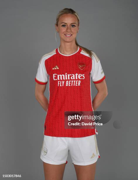 Sweden defender Amanda Ilestedt poses during a photoshoot after signing for Arsenal at the Emirates Stadium on June 27, 2023 in London, England.