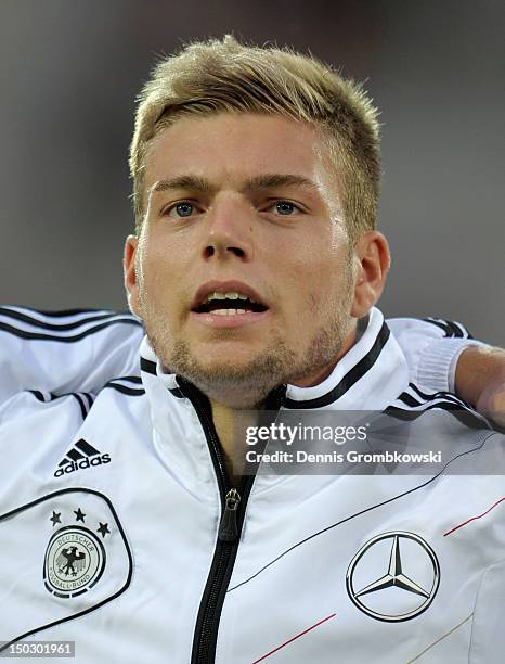 Alexander Esswein of Germany sings the national anthem prior to the Under 21 international friendly match between Germany U21 and Argentina U21 at...