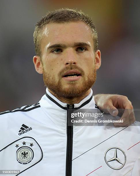 Jan Kirchhoff of Germany sings the national anthem prior to the Under 21 international friendly match between Germany U21 and Argentina U21 at...