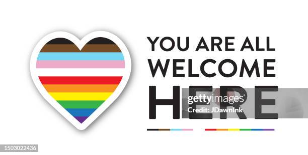 illustrations, cliparts, dessins animés et icônes de lgbtqia vous êtes tous les bienvenus ici icône ou signe avec le drapeau de fierté en forme de cœur - drapeau arc en ciel