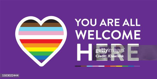 lgbtqia you are all welcome here icon or sign with heart shape pride flag - rainbow flag stock illustrations