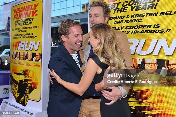 Actors Ryan Hansen, Dax Shepard and Kristen Bell arrive to the premiere of Open Road Films' "Hit and Run" on August 14, 2012 in Los Angeles,...